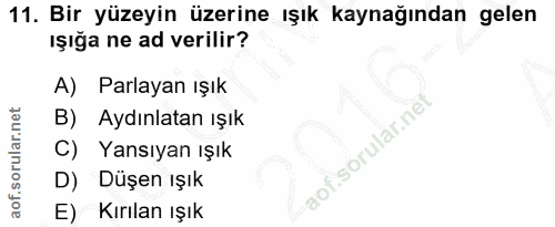 11. soru: Bir yüzeyin üzerine ışık kaynağından gelen işığa ne ad verilir? A) Parlayan ışık B) Aydınlatan ışık C) Yansıyan ışık…