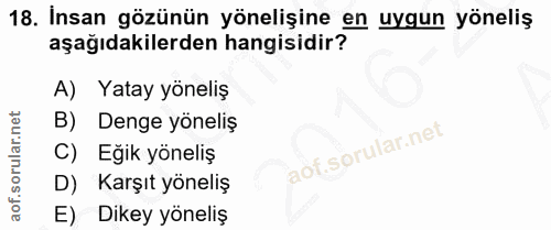 18. soru: Insan gözünün yönelişine en uygun yöneliş aşağıdakilerden hangisidir? A) Yatay yöneliş B) Denge yöneliş C) Eğik yönel…