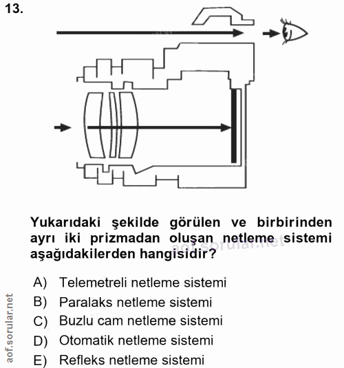 13. soru: Yukarıdaki şekilde görülen ve birbirinden ayrı iki prizmadan oluşan netleme sistemi aşağıdakilerden hangisidir? A) Te…