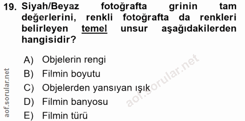 19. soru: Siyah/Beyaz fotoğrafta grinin tam değerlerini, renkli fotoğrafta da renkleri belirleyen temel unsur aşağıdakilerden h…
