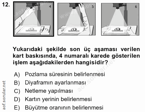 12. soru: 6 Yukarıdaki şekilde son üç aşaması verilen kart baskısında, 4 numaralı karede gösterilen işlem aşağıdakilerden hangi…