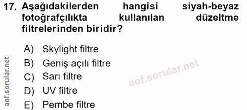 17. soru: Aşağıdakilerden hangisi siyah-beyaz fotoğrafçılıkta kullanılan düzeltme filtrelerinden biridir? A) Skylight filtre B)…