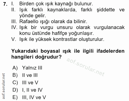 7. soru: I. Birden çok ışık kaynağı bulunur. Il. Işık farklı kaynaklarda, farklı şiddette ve yönde gelir. III. Rafaello ışığı…