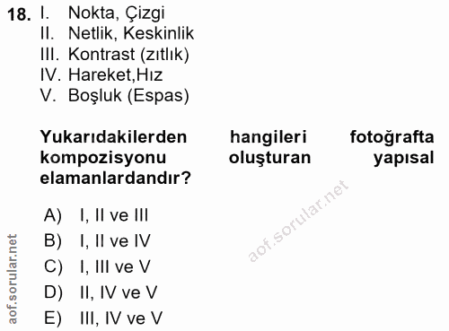 18. soru: 1. Nokta, Çizgi II. Netlik, Keskinlik III. Kontrast (zıtlık) IV. Hareket,Hız V. Boşluk (Espas) Yukarıdakilerden hangi…