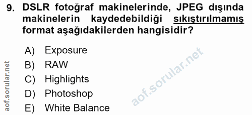 9. soru: DSLR fotoğraf makinelerinde, JPEG dışında makinelerin kaydedebildiği sıkıştırılmamış format aşağıdakilerden hangisidi…