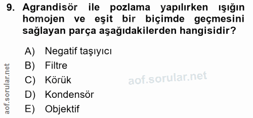 9. soru: Agrandisör ile pozlama yapılırken ışığın homojen ve eşit bir biçimde geçmesini sağlayan parça aşağıdakilerden hangisi…
