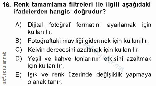 16. soru: Renk tamamlama filtreleri ile ilgili aşağıdaki ifadelerden hangisi doğrudur? A) Dijital fotoğraf formatını ayarlamak…