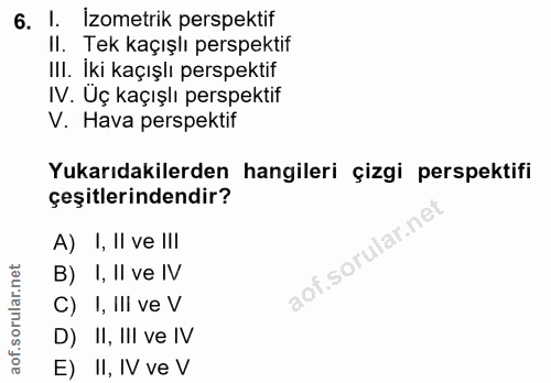 6. soru: I. Izometrik perspektif II. Tek kaçışlı perspektif IlI. İki kaçışlı perspektif IV. Uç kaçışlı perspektif V. Hava pers…