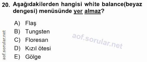 20. soru: Aşağıdakilerden hangisi white balance(beyaz dengesi) menüsünde yer almaz? A) Flaş B) Tungsten C) Floresan D) Kızıl öt…
