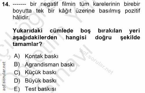 14. soru: -_ bir negatif filmin tüm karelerinin birebir boyutta tek bir kåğıt üzerine basılmış pozitif hâlidir. Yukarıdaki cüml…