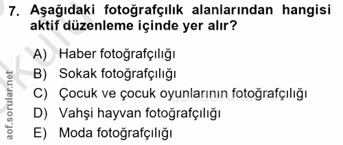 7. soru: Aşağıdaki fotoğrafçılık alanlarından hangisi aktif düzenleme içinde yer alır? A) Haber fotoğrafçılığı B) Sokak fotoğr…