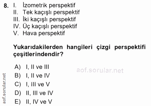 8. soru: I. Izometrik perspektif II. Tek kaçışlı perspektif IlI. Iki kaçışlı perspektif IV. Uç kaçışlı perspektif V. Hava pers…