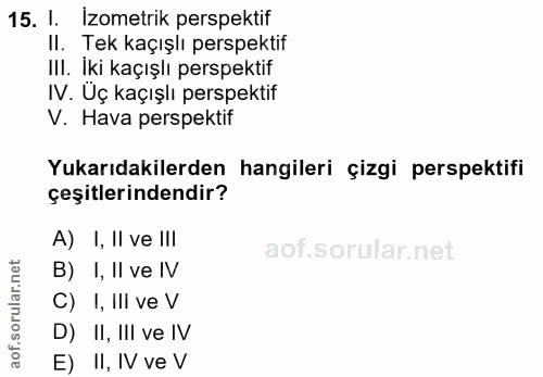 15. soru: I. Izometrik perspektif Il. Tek kaçışlı perspektif III. İki kaçışlı perspektif IV. Uç kaçışlı perspektif V. Hava pers…