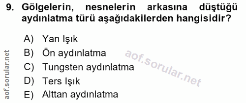9. soru: Gölgelerin, nesnelerin arkasına düştüğü aydınlatma türü aşağıdakilerden hangisidir? A) Yan Işık B) On aydınlatma C) T…