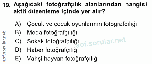 19. soru: Aşağıdaki fotoğrafçılık alanlarından hangisi aktif düzenleme içinde yer alır? A) Çocuk ve çocuk oyunlarının fotoğrafç…