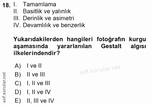 18. soru: !. Tamamlama Il. Basitlik ve yalınlık Ill. Derinlik ve asimetri IV. Devamlılık ve benzerlik Yukarıdakilerden hangiler…