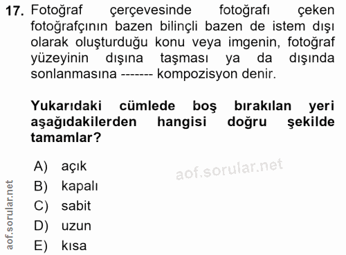 17. soru: Fotoğraf/ çerçevesinde fotoğrafı çeken fotoğrafçının bazen bilinçli bazen de istem dışı olarak oluşturduğu konu veya…
