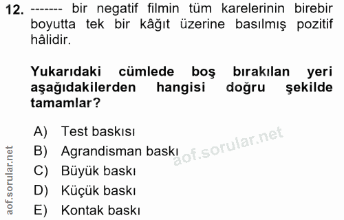 12. soru: — bir negatif filmin tüm karelerinin birebir boyutta tek bir kåğıt üzerine basılmış pozitif hâlidir. Yukarıdaki cümle…