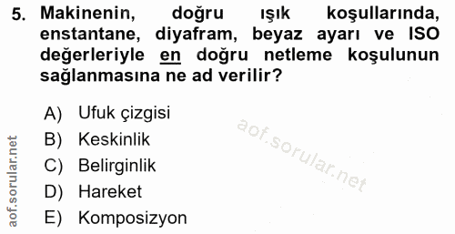 5. soru: Makinenin, doğru IŞık koşullarında, enstantane, diyafram, beyaz ayarı ve ISO değerleriyle en doğru netleme koşulunun…