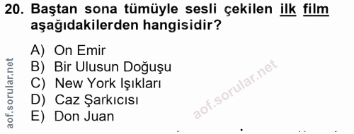 20. soru: Baştan sona tümüyle sesli çekilen ilk film aşağıdakilerden hangisidir? A) On Emir B) Bir Ulusun Doğuşu C) New York Iş…