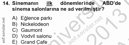 14. soru: Sinemanın ilk dönemlerinde ABD'de sinema salonlarına ne ad verilmiştir? A) Eğlence parkı B) Nickelodeon C) Gaumont D)…