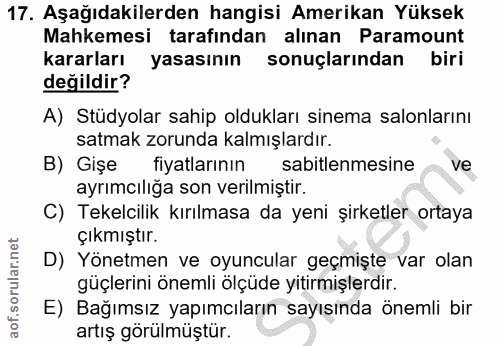 17. soru: Aşağıdakilerden hangisi Amerikan Yüksek Mahkemesi tarafından alınan Paramount kararları yasasının sonuçlarından biri…