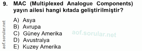 9. soru: MAC (Multiplexed Analogue Components) yayın ailesi hangi kıtada geliştirilmiştir? A) Asya B) Avrupa C) Güney Amerika…