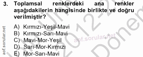 3. soru: Toplamsal renklerdeki ana renkler aşağıdakilerin hangisinde birlikte ve doğru verilmiştir? A) Kırmızı-Yeşil-Mavi B) K…