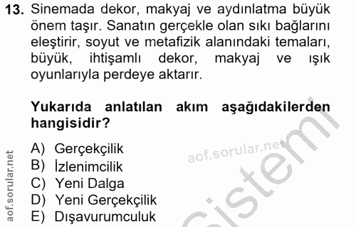 13. soru: Sinemada dekor, makyaj ve aydınlatma büyük önem taşır. Sanatın gerçekle olan sıkı bağlarını eleştirir, soyut ve metaf…