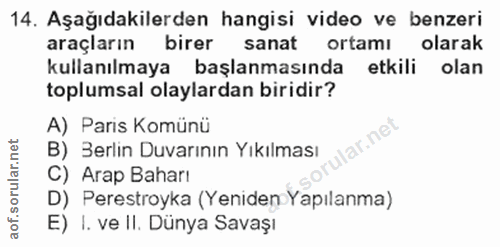 14. soru: Aşağıdakilerden hangisi video ve benzeri araçların birer sanat ortamı olarak kullanılmaya başlanmasında etkili olan t…