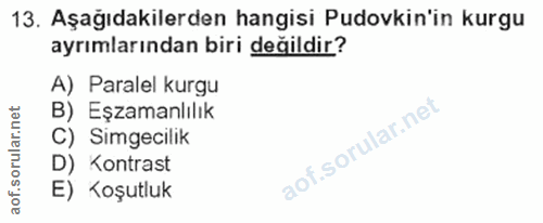 13. soru: Aşağıdakilerden hangisi Pudovkin'in kurgu ayrımlarından biri değildir? A) Paralel kurgu B) Eşzamanlılık C) Simgecilik…