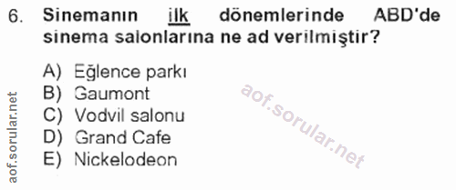 6. soru: Sinemanın ilk dönemlerinde ABD'de sinema salonlarına ne ad verilmiştir? A) Eğlence parkı B) Gaumont C) Vodvil salonu…