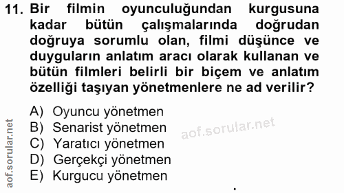 11. soru: Bir filmin oyunculuğundan kurgusuna kadar bütün çalışmalarında doğrudan doğruya sorumlu olan, filmi düşünce ve duygul…