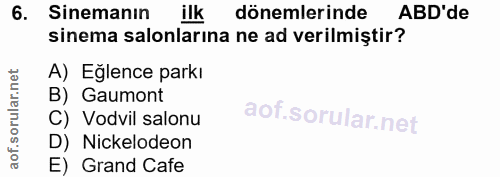 6. soru: Sinemanın ilk dönemlerinde ABD'de sinema salonlarına ne ad verilmiştir? A) Eğlence parkı B) Gaumont C) Vodvil salonu…