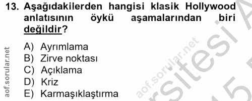 13. soru: Aşağıdakilerden hangisi klasik Hollywood anlatısının öykü aşamalarından biri değildir? A) Ayrımlama B) Zirve noktası…