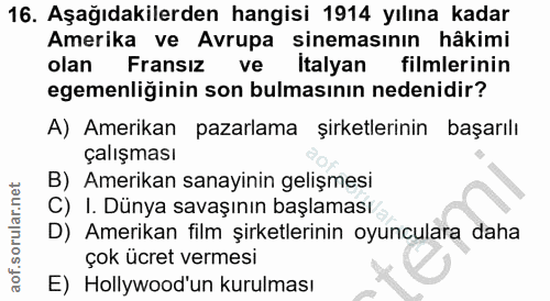 16. soru: Aşağıdakilerden hangisi 1914 yılına kadar Amerika ve Avrupa sinemasının hâkimi olan Fransız ve italyan filmlerinin eg…