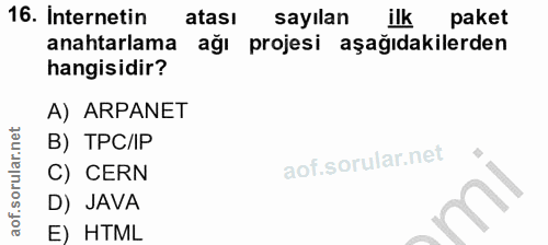 16. soru: Internetin atası sayılan ilk paket anahtarlama ağı projesi aşağıdakilerden hangisidir? A) ARPANET B) TPC/P C) CERN D)…