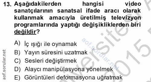 13. soru: Aşağıdakilerden hangisi video sanatçılarının sanatsal ifade aracı olarak kullanmak amacıyla üretilmiş televizyon prog…