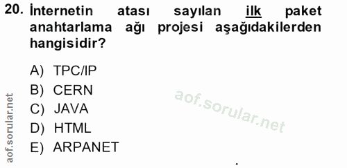 20. soru: İnternetin atası sayılan ilk paket anahtarlama ağı projesi aşağıdakilerden hangisidir? A) TPC/IP B) CERN C) JAVA D) H…