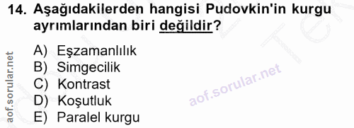 14. soru: Aşağıdakilerden hangisi Pudovkin'in kurgu ayrımlarından biri değildir? A) Eşzamanlılık B) Simgecilik C) Kontrast D) K…