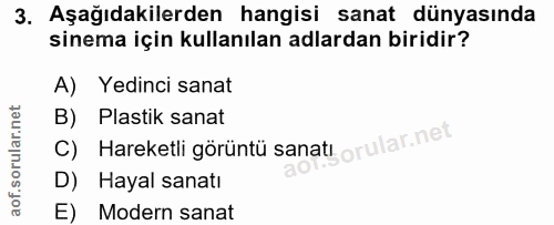 3. soru: Aşağıdakilerden hangisi sanat dünyasında sinema için kullanılan adlardan biridir? A) Yedinci sanat B) Plastik sanat C…