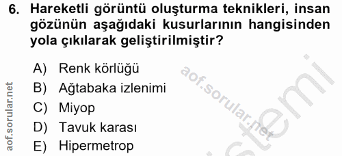 6. soru: Hareketli görüntü oluşturma teknikleri, insan gözünün aşağıdaki kusurlarının hangisinden yola çıkılarak geliştirilmiş…