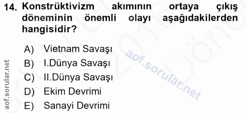 14. soru: Konstrüktivizm akımının ortaya çıkış döneminin önemli olayı aşağıdakilerden hangisidir? A) Vietnam Savaşı B) I.Dünya…