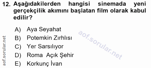 12. soru: Aşağıdakilerden hangisi sinemada yeni gerçekçilik akımını başlatan film olarak kabul edilir? A) Aya Seyahat B) Potemk…