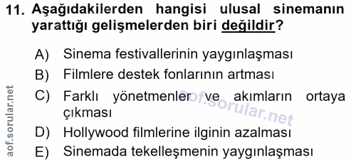 11. soru: Aşağıdakilerden hangisi ulusal sinemanın yarattığı gelişmelerden biri değildir? A) Sinema festivallerinin yaygınlaşma…