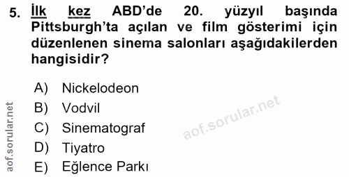 5. soru: ilk kez ABD'de 20. yüzyıl başında Pittsburgh'ta açılan ve film gösterimi için düzenlenen sinema salonları aşağıdakile…