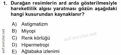 1. soru: Durağan resimlerin ard arda gösterilmesiyle hareketlilik algısı yaratması gözün aşağıdaki hangi kusurundan kaynaklanı…