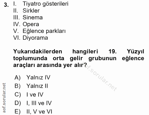 3. soru: l. Tiyatro gösterileri Il. Sirkler III. Sinema IV. Opera V. Eğlence parkları VI. Diyorama Yukarıdakilerden hangileri…