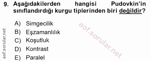 9. soru: Aşağıdakilerden hangisi Pudovkin'in sınıflandırdığı kurgu tiplerinden biri değildir? A) Simgecilik B) Eşzamanlılık C)…