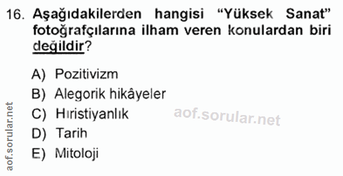 16. soru: Aşağıdakilerden hangisi "Yüksek Sanat" fotoğrafçılarına ilham veren konulardan biri değildir? A) Pozitivizm B) Alegor…